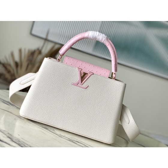𝐋𝐎𝐔𝐈𝐒𝐕𝐔𝐈𝐓𝐓𝐎𝐍 N83103 Milk Shake White Mix Powder Ostrich Pattern Capuchines Handbag
